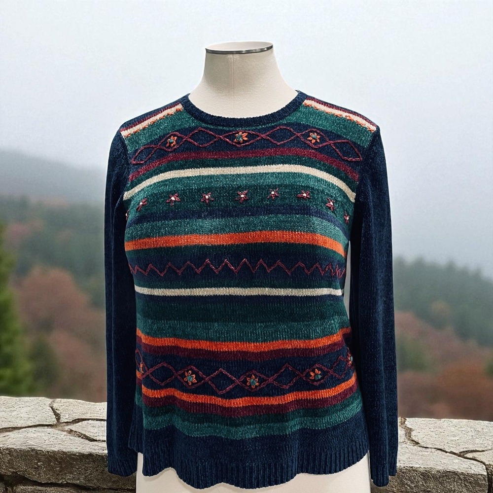 Alfred Dunner Vintage Chenille Sweater Colorful Striped Floral Embroidered Boho
